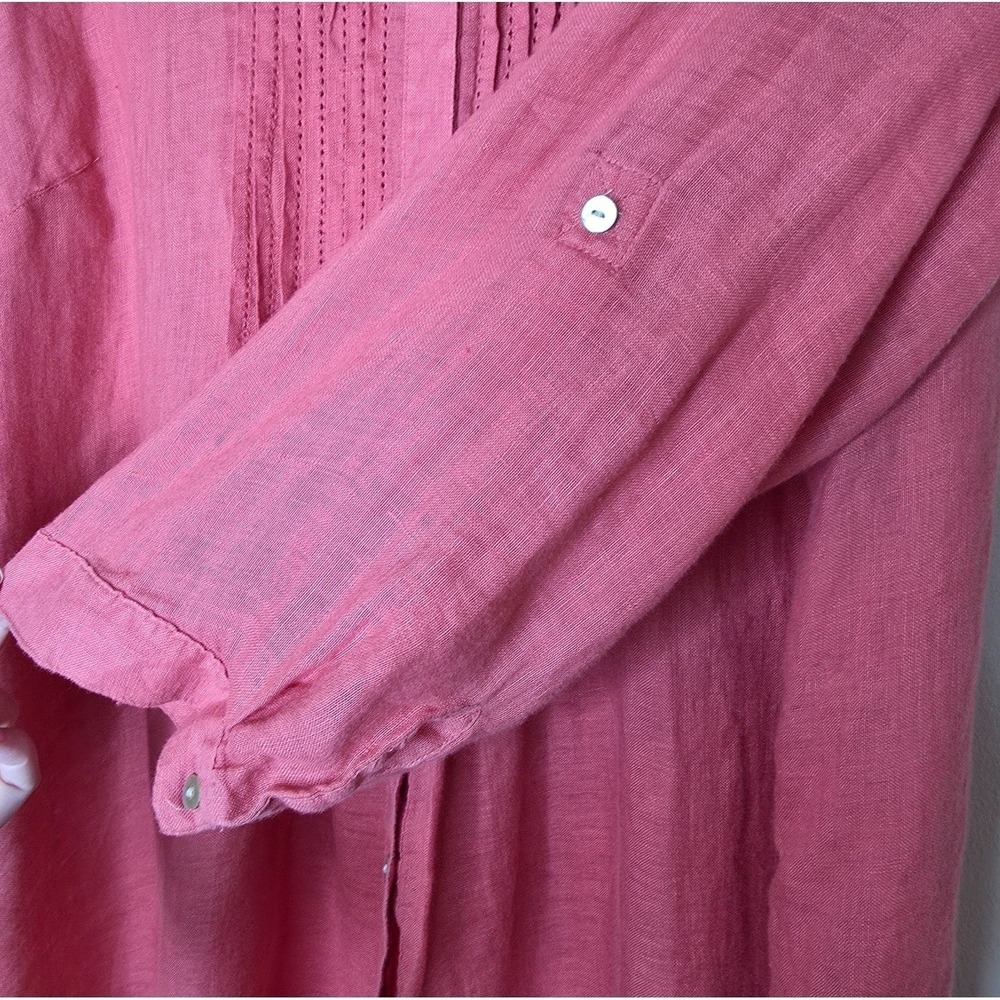 J Jill Linen Button Up Top Sz 2X Pink Pintuck Long Roll Tab Sleeve Boho Beachy - Picture 4 of 13